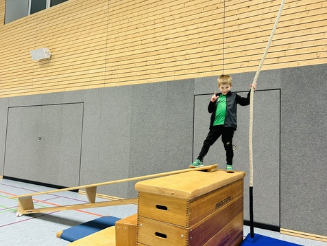 Junge steht auf einem Turnkasten und greift einen h&auml;ngtropfenden Seil in einer Sporthalle.