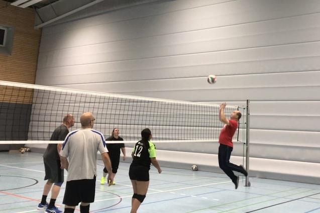 Volleyballspiel in einer Halle, ein Spieler springt zum Angriff, w&auml;hrend andere warten. Netz und Ball sichtbar.