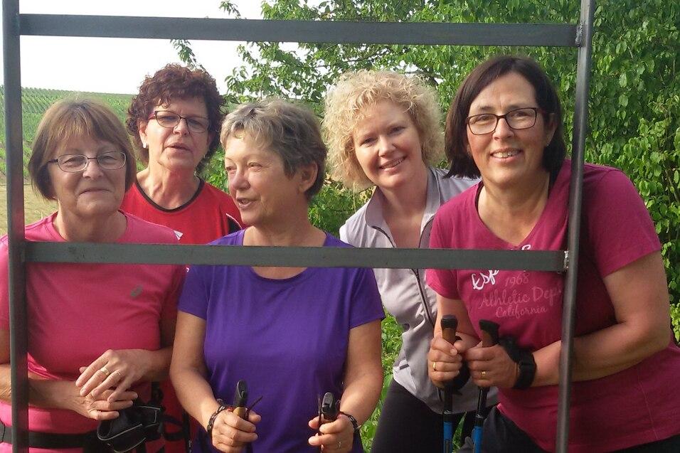 Fünf Frauen mit Nordic-Walking-Stöcken posieren in einer Grünfläche hinter einem gestellten Rahmen.