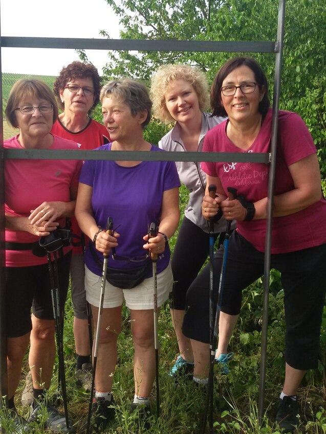 Fünf Frauen mit Nordic-Walking-Stöcken posieren in einer Grünfläche hinter einem gestellten Rahmen.