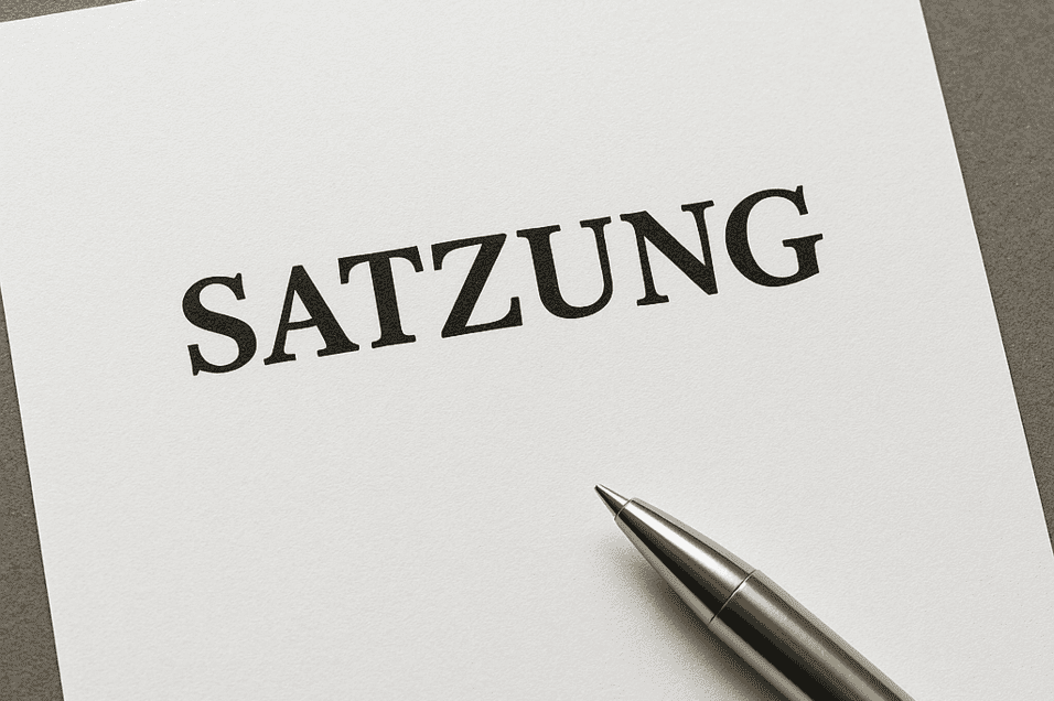Papier mit dem geschriebenen Wort &bdquo;SATZUNG&ldquo; und einem Kugelschreiber daneben.