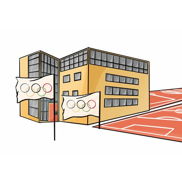 Illustration eines modernen Geb&auml;udes mit Olympiagel&auml;ndeflaggen und einem Sportplatz im Vordergrund.