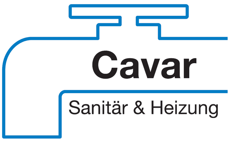 Logo von Cavar mit Wasserhahn-Symbol und den Worten &bdquo;Sanit&auml;r & Heizung&ldquo; in schwarzer Schrift.