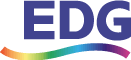 Logo der EDG in lila mit einem farbigen, geschwungenen Streifen darunter.