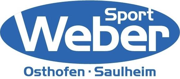 Logo von Sport Weber, blaues Oval mit wei&szlig;en Schriftz&uuml;gen &bdquo;Sport Weber&ldquo; und den St&auml;dten &bdquo;Osthofen&ldquo; und &bdquo;Saulheim&ldquo;.