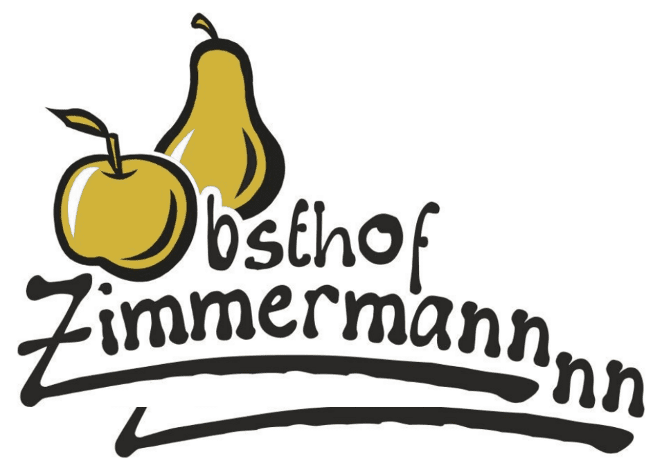 Logo des Obsthofs Zimmermann mit stilisierten &Auml;pfeln und Birnen in gelb und schwarz auf wei&szlig;em Hintergrund.