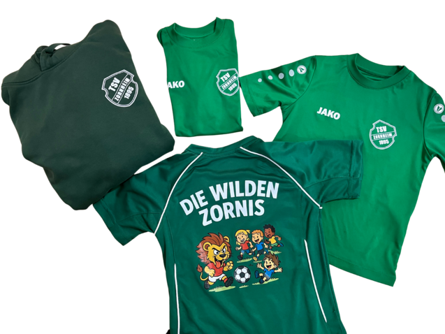 Vier gr&uuml;ne Kleidungsst&uuml;cke f&uuml;r Kinder, inklusive T-Shirts und ein Pullover, mit dem Aufdruck &bdquo;Die wilden Zornis&ldquo;.